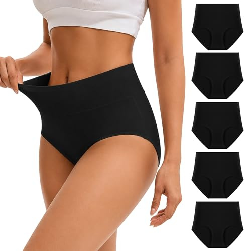 Anntry 5 Pack Ladies Underwear Cotton Full Briefs High Waist Knickers Tummy Control Underwear Panties for Women, XL(waist:33.5-35 inch), Balck-1