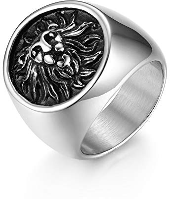 JewelryWe Schmuck Retro Herren-Ring Edelstahl Löwe Löwenkopf Biker Ring Siegelring Band Bandring mit Gravur Silber Größe 54 bis 74