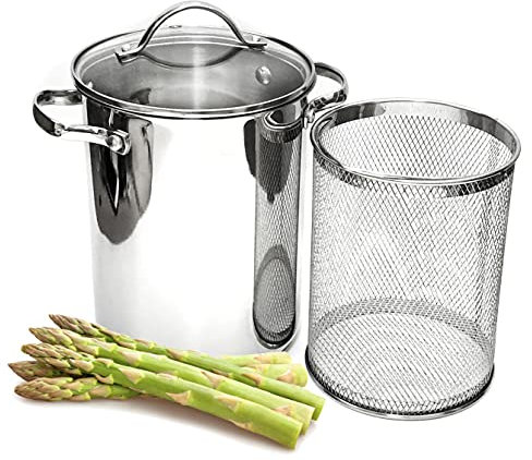 Asparagus Steamer pot, spaghetti pot strainer 4.5QT Stainless Steel Induction with mesh basket Glass lid steel handle, (16x21cm) (4.5QT Asparagus Pot (16x21cm))