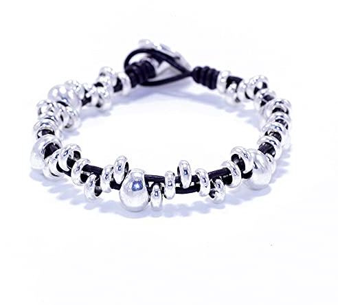 NILUXE DESIGN -Pulsera Cuero y Zamak Estilo Boho - Pulsera Mujer Bañada en Plata Abalorios de Colores de Cristal Checo - Brazalete Mujer Ideal para Regalar-Pulseras plata(Plateado)