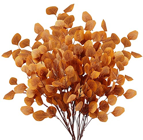 Sggvecsy 6 Pcs Fall Eucalyptus Leaves Artificial Eucalyptus Stems Long Silver Dollar Leaves Autumn Leaf Branches Fake Silk Eucalyptus for Christmas Home Autumn Festival Thanksgiving Decor(Orange)