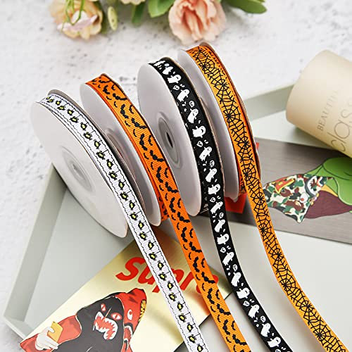 ASDNN Ripsband-Satin-Stoffband zum Basteln, Weihnachtsgeschenkverpackung, Halloween-Partydekoration, 4 Rollen Halloween-Bänder, 1 cm breites Spinnennetz Fledermaus Weihnachtsdekoration