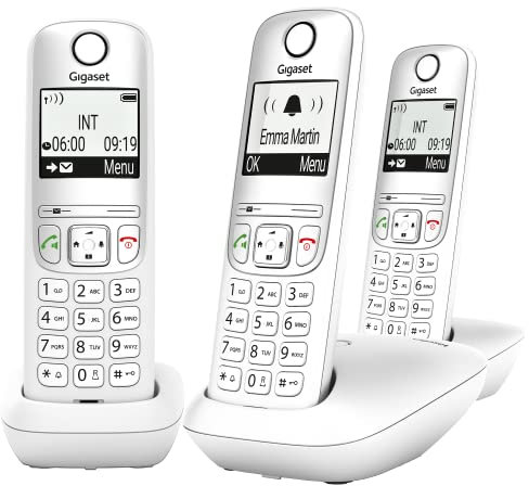 Gigaset A695 Trio - téléphone DECT sans Fil - 3 combinés avec Grand écran à Haut Contraste - Excellente qualité Audio - Fonction Mains Libres - Protection d'appels, Blanc [Version française]