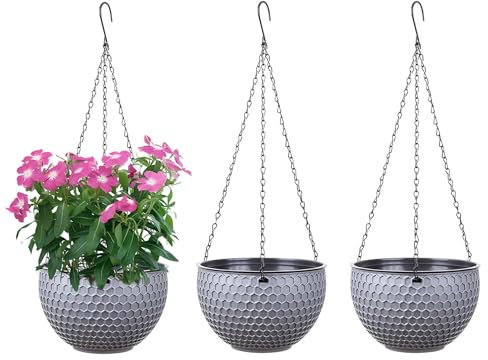 YuanDiann Hängende Blumentöpfe 3er Set, Selbstbewässerung Hängepflanztöpfe mit Wasserspeicher & Ablaufloch Bienenwabe Blumenampel mit Rostfrei Ketten für Innen Außen Decken Balkone Deko