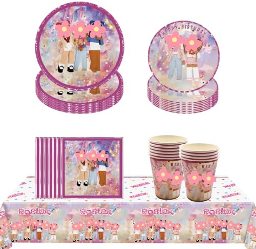 BlinBlin PinkTableware Partyzubehör für Mädchen Geburtstagsdekorationen, Videospiel-Themenparty-Geschirr, 20 Gäste Partyzubehör