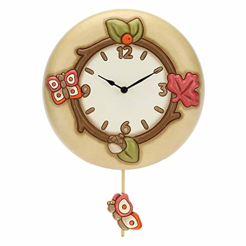 THUN, Orologio da Muro con Pendolo in Ceramica Decorata a Mano, Linea Hello Autumn, Ø 26 cm