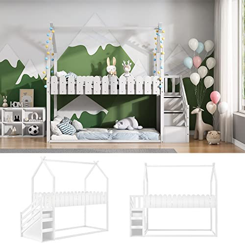 kubeier Kinderbett Etagenbett 90 x 200 cm mit Lattenrost und 2 Schubladen, Hochbett Holz Kiefer Hausbett, Stockbett, Holzbett, Bettgestell, Jugendbett mit 3 Treppe und Zaun,White
