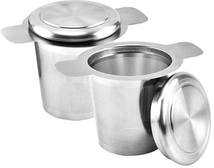 Dzmuero Teefilter, Teesieb für Losen Tee, 2 Stück Teebeutel für Losen Tee, Teefilter Edelstahl mit Deckel und Griffe, Feinmaschig für losen Tee