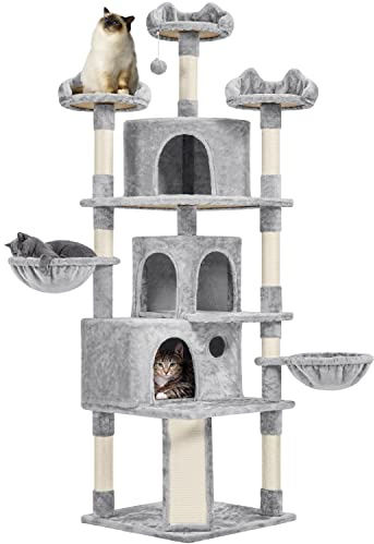 Yaheetech 194 cm Large Cat Tree for Indoor Cats with 3 Condos, Light Grey | Multi Level Cat Tower, 9 Scratching Posts, 3 Top Perches, 2 Baskets, Heavy Duty Base 55.5 x 55.5cm, FSC-certified