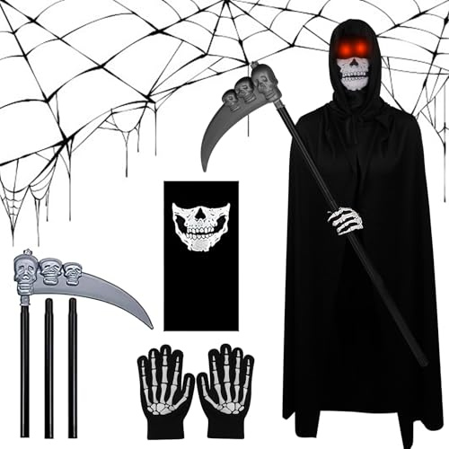 LUFEIS Costume da falciatore per bambini, unisex, per Halloween, diavolo, mantello del diavolo, con maschera a teschio, falce guanti, per feste a tema, cosplay, carnevale, Halloween