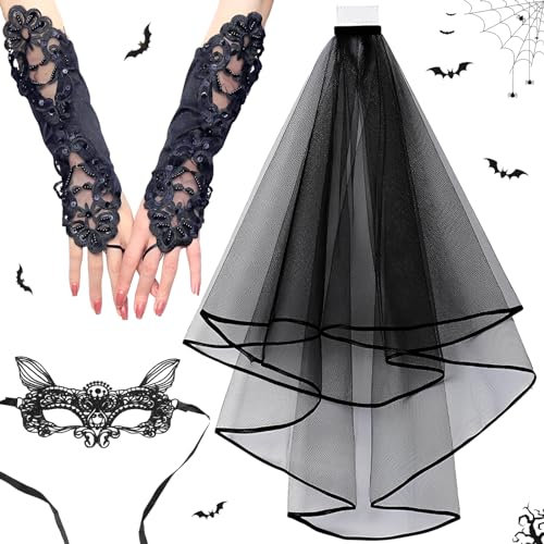 Taozoey Schleier Halloween, Brautschleier Schwarz, Halloween Haarschleier mit Kamm, Schwarz Halloween Schleier Spitze, Gothic Haarschmuck, Halloween Accessoires Damen