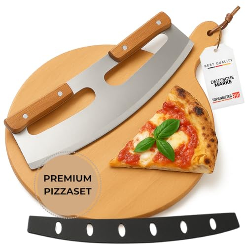 Pizzaschneider + Pizzabrett Set – Pizzacutter rostfreier Edelstahl • Extra scharf • Holzbrett Buche Ø31,5cm mit Griff • Inkl. Klingenschutz • Pizza-Plate Pizzateller • Servierbrett Foccacia oder Brot