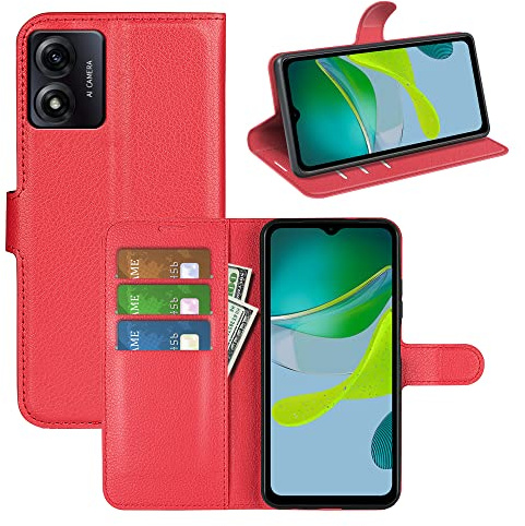 BOCTECH Funda para Motorola Moto E13, Carcasa con Tapa Flip Case Libro de Cuero PU Piel y Silicona Suave Cartera Cover Antigolpes con Cierre Magnético, Ranura para Tarjeta y Soporte, Rojo