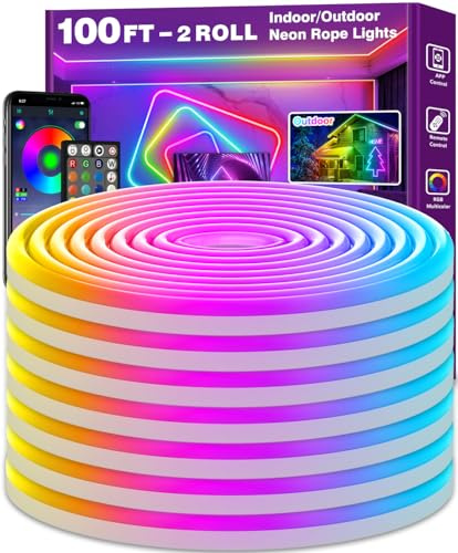 AILBTON 100Ft Neon Rope Lights,Flexible Led Rope Lights Control with App/Remote,Multiple Modes Music Sync Gaming RGB Led Neon Lights for Bedroom Outdoor
