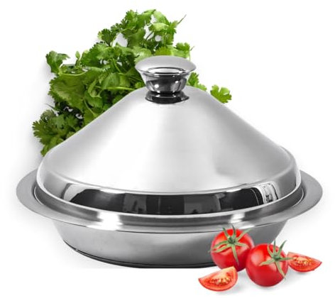 PZL CONCEPT Tajine Induction tout Feux en Acier Inoxydable - Diamètre 24 cm - Plat à Tajine Marocain pour Plaque Induction, Vitrocéramique, Gaz, Halogène et Four - Marmite, Casserole