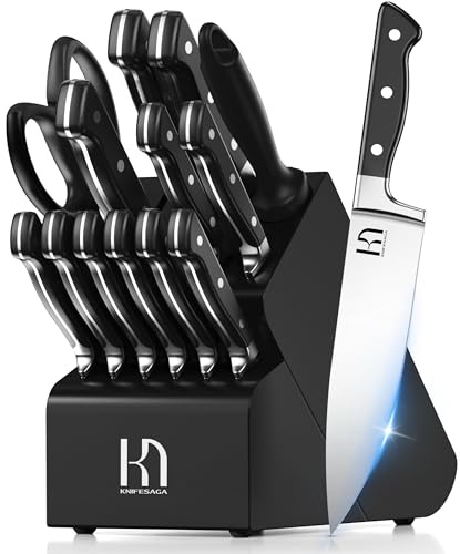KnifeSaga Knife Set, 15 Pcs Kitchen Knife Block Set, Enduring Razor-Sharp Japanese High Carbon Stainless Steel Chef Knife Set with Block and Sharpener, Premium Black Knives Set for Kitchen