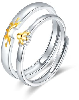 SILBERTALE Sterling Silber 925 Verstellbar Sonne und Mond Ring Set Sunflower Matching Rings Geschenk Freundschaftsringe für Beste Freund Größe 54-60mm