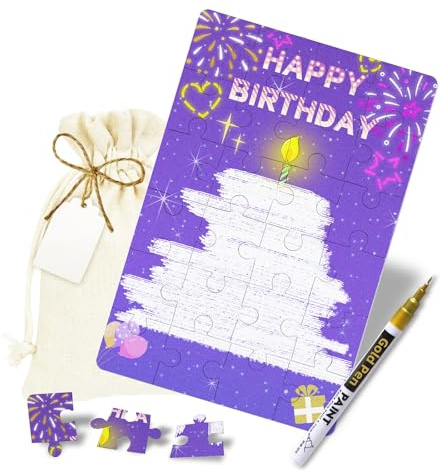 Geburtstagskarte Puzzle Gutschein Geburtstag - Gutscheine zum selber ausfüllen - Gutschein Verpackung Personalisierte Geschenke Idee mit Baumwollsäckchen Goldstift Geschenkanhänger-Happy Birthday