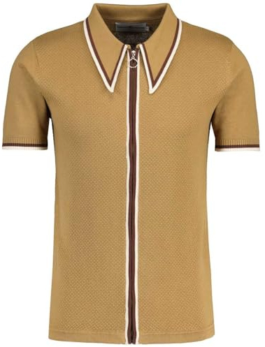 Madcap England Men's Retro Mod 60s 70s Short Sleeve Popcorn Knit Zip Through Polo Shirt Cardigan Mack MC1094 (UK, Alpha, XXL, Regular, Regular, Fall Leaf)