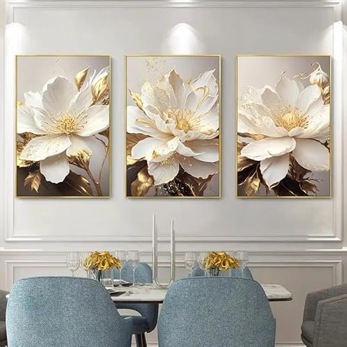 SHINERING Blattgold Weiß Blühende Blumen Dekorative Gemälde Leinwand Wandkunst Bilder Drucke Luxus Wohnzimmer Moderne Wohndekoration 50Cmx70Cmx3Pcs Kein Rahmen