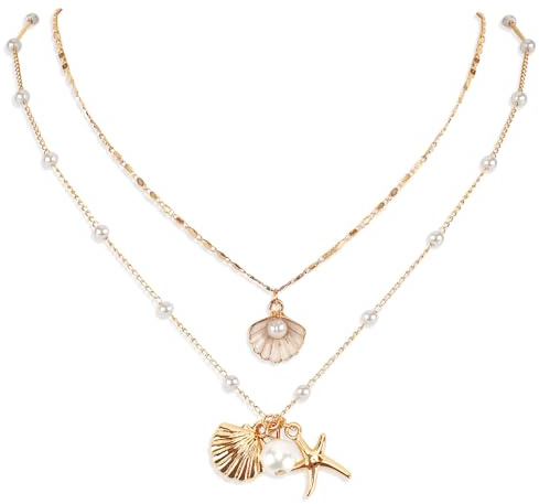 Mikovivi 2 Collares Conchas, Joyas Playa Encantadoras Brillantes para Mujer Collar Conchas Multicapa Ajustable Perlas Que Combina con Todos Los Atuendos Collares Verano para Bodas Fiestas Compromisos