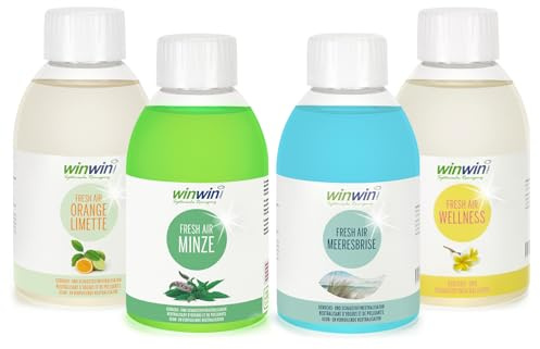 winwinCLEAN® 4 x fresh AIR 250ml Raumluftdeo I Luftreinigungs-Konzentrat | Für Luftreiniger, Air Purifier & Raumluftreiniger mit Wasserfilter I Entfernt Pollen, Staub, Tierhaare, Schimmel, etc.