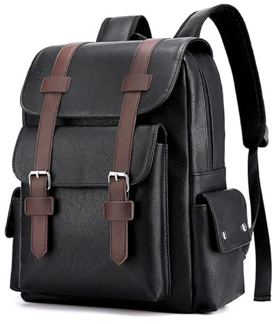 FUNSEED Zaino Uomo, Grande Capacità, Borsa per Laptop da 15,6 Pollici, Borsa a Tracolla in Pelle Sintetica Vintage per Viaggi e Lavoro, Nero , L, Moda