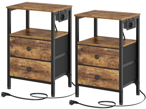 YATINEY Sängbord, 2-pack med förvaringsfunktion, nattduksbord med 2 lådor, sidobord med USB-anslutningar och hyllor, för vardagsrum, sovrum, vintagebrunt och svart XET02L2CBRY1