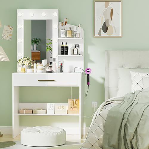 HAMHAIGO Tocador de Maquillaje con Luz LED de Brillo Ajustable, con Cajones y 2 Estantes, Escritorio de Tocador con Puertos USB y Tomas de AC (Blanco-A, 80x40x145 cm)