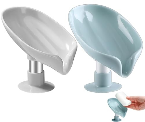 Leaf Shaped Soap Dishes for Bathroom, 2 Pcs Shower Soap Bar Holder with Drain, Plastic Soap Box With Stand and Sunction Cup,Sponge Holder for Kitchen Sink,draining soap rack,leaf soap dish,soap holder