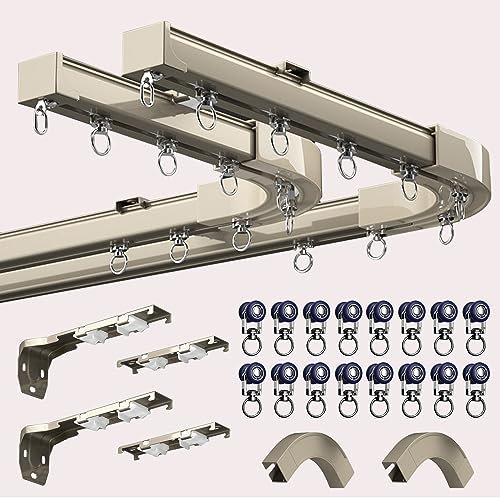 WWERTYY Deckenvorhangschiene für Erkerfenster mit robuster Rolle und Eckverbindern – ideal zum Aufhängen von Rollos, Gardinen, Flächenvorhängen, Raumteilern – Einzel-/Doppelstange, gerade/