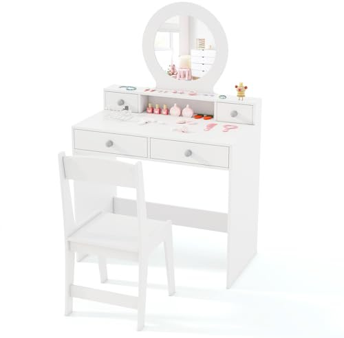 LIFEZEAL Tavolo da trucco per bambini con sedia, tavolo da trucco per bambini con specchio in acrilico, 4 cassetti, ripiano aperto, scrivania in legno, carico 50/75 kg, 3+ anni