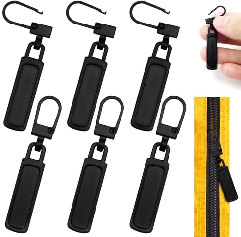 HZYIQ Cursore Cerniera Ricambio, 6 Pcs Cerniera Tira Sostituzione Universale, Tirante per Cerniera Lampo Rimovibile in Metallo, per Borsa, Vestiti, Jeans, Valigia - Nero