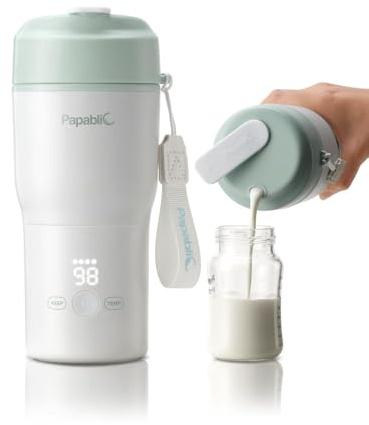 Papablic Calentador de botellas portátil para el hogar y los viajes: calentamiento rápido de 85 W, 4 ajustes de temperatura, 6 alimentaciones por carga, boca ancha de 3 pulgadas, se adapta al