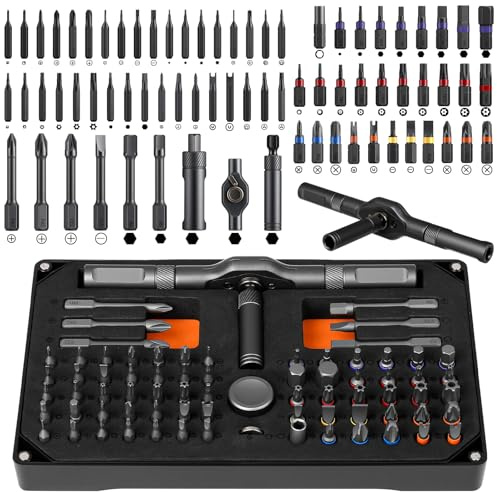 Set di cacciaviti a cricchetto, 74 in 1, magnetici, con chiave a brugola staccabile, manico a T, punte in acciaio S2, kit di riparazione compatto portatile per mobili, computer, biciclette, occhiali e