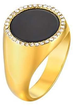 Wycian Bague de Mariage en Acier Or Bague Femme 15mm Onyx Noir Sceau Rond Taille pour Lesbiennes Mise à Niveau 3.0
