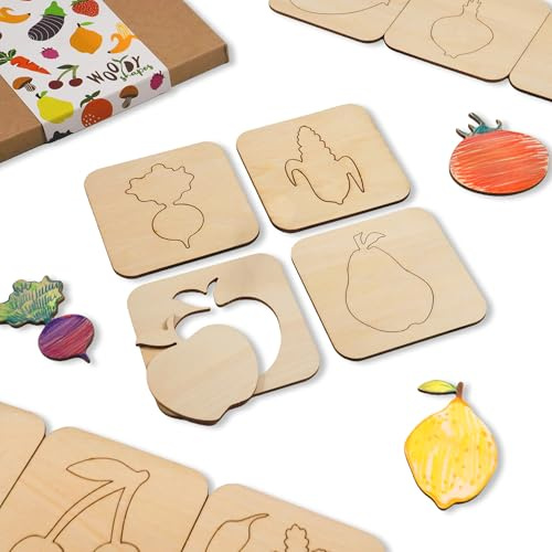 NAKLEO Holzschablonen zum Zeichnen für Kinder, Set mit 20 Stück 9,5x9,5cm Obst und Gemüse, Montessori Lernspielzeug Vorlagen Kreative Bastelvorlagen Pädagogisches DIY Handwerk Malset, Papier Wand