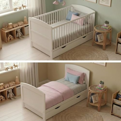 Babybett 60x120 mit Schublade, Gitterbett, Kinderbett, höhenverstellbar & herausnehmbare Sprossen optional mit Matratze | weitere Größen: 70x140cm | 60x120cm: von Geburt bis 3. Lebensjahr, Weiß