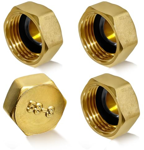 JOVIA 4 Pieces of Brass End Caps, 1/2 Inch Hexagonal Brass Internal Thread Plugs with Washers, Suitable for Radiator Valves, Washing Machines, and Central Heating Pipe Tap Plug Nuts/Covers