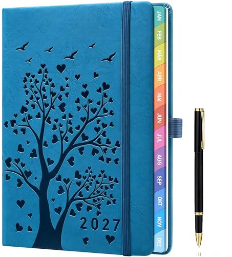 Terminplaner 2027 A5 Hellblau – Buchkalender 2027 A5 1 Woche 2 Seiten, Kalender 2027 mit Herzbaum Design, Wochenplaner 2027, Kalenderbuch 2027, Hardcover, 100gsm Papier