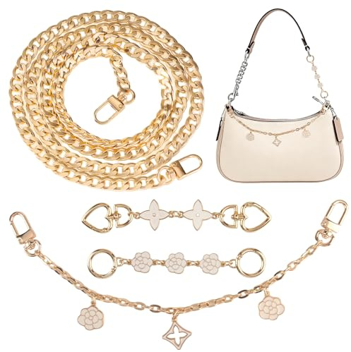 YUE QIN 4 Stück Taschenkette Gold 120cm Taschenriemen Metall Taschengurt | Vierblättriges Kleeblattmuster der Kamelie Kette für Tasche Kettenriemen für Crossbody Umhängetasche Geldbörse