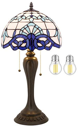 WERFACTORY Tiffany Lamp White Navy Blue Baroque Stained Glass Bedside Table Lamp Desk Reading Light 12X12X22 Inches Decor Bedroom Living Room Home Office S003B Series