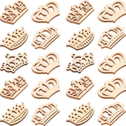 Amosfun 50 corone in legno per bricolage, 3,3 x 2 x 0,12 pollici, corona cava creativa, ornamenti in legno, per il compleanno dei bambini, per adulti
