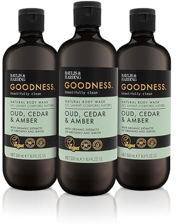 Baylis & Harding Goodness Oud, Cedar and Amber Body Wash, 500 ml (Pack of 3) - Vegan Friendly