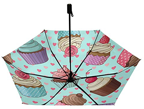 Cream Cupcakes with Rose Cherry Seamless Pink Hearts on Turquoise Compact Lightweight Folding Umbrella, Inner Print Sun Parasol with UV Protection, Strong Portable Travel Rain Umbrella