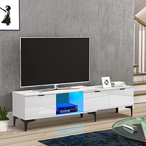 CLIPOP TV Stand Cabinet, LED Extendable High Gloss Fronts Entertainment Centre TV Unit with 3 Drawer, Open Storage Shelves and Metal Legs for Living Room Bedroom Storage