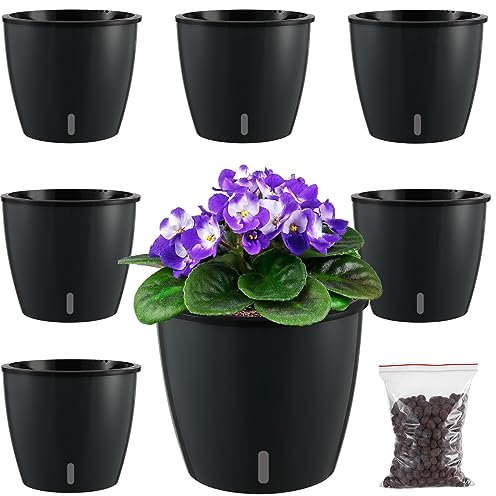 Planterhoma Lot de 6 pots de violette africaine auto-arrosants de 17 cm avec indicateur, pot noir à mèche et trous de drainage, pour orchidée, lierre du diable, noir