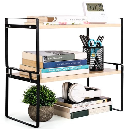 BELLE VOUS Scaffale da scrivania in legno, impilabile, a 2 ripiani, per tavoli, cucina o ufficio, autoportante per libri, decorazioni o forniture, marrone e nero