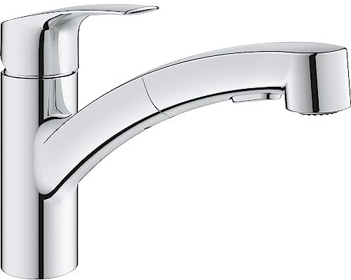 Grohe Wasserhahn Küche Via - Waschtisch Armatur schwenkbar-/ ausziehbar für die Küche mit Keramik-Kartusche und flexible Schlauch-Anschlüsse, chrom
