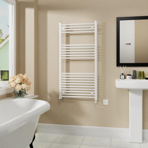 Warmehaus 600W Electric Heated Towel Rail Radiator White - 1200x600mm | Prefilled, Mild Steel, Wall Mounted Bathroom Towel Warmer, Electric Small Towel Rails